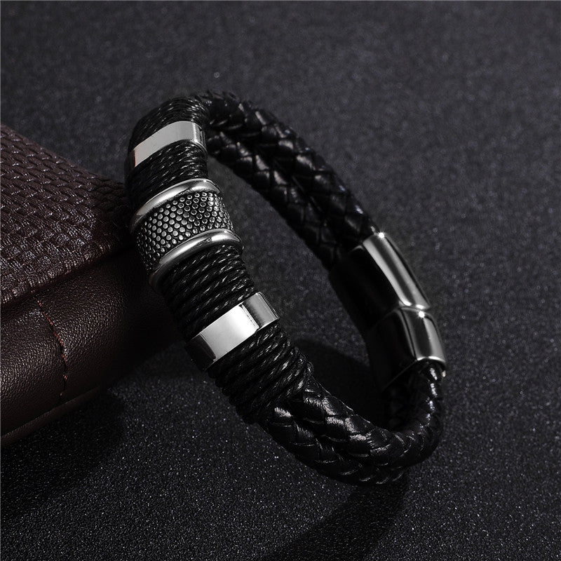 Veyra Herrenarmband Leder geflochten – Titanstahl Vintage