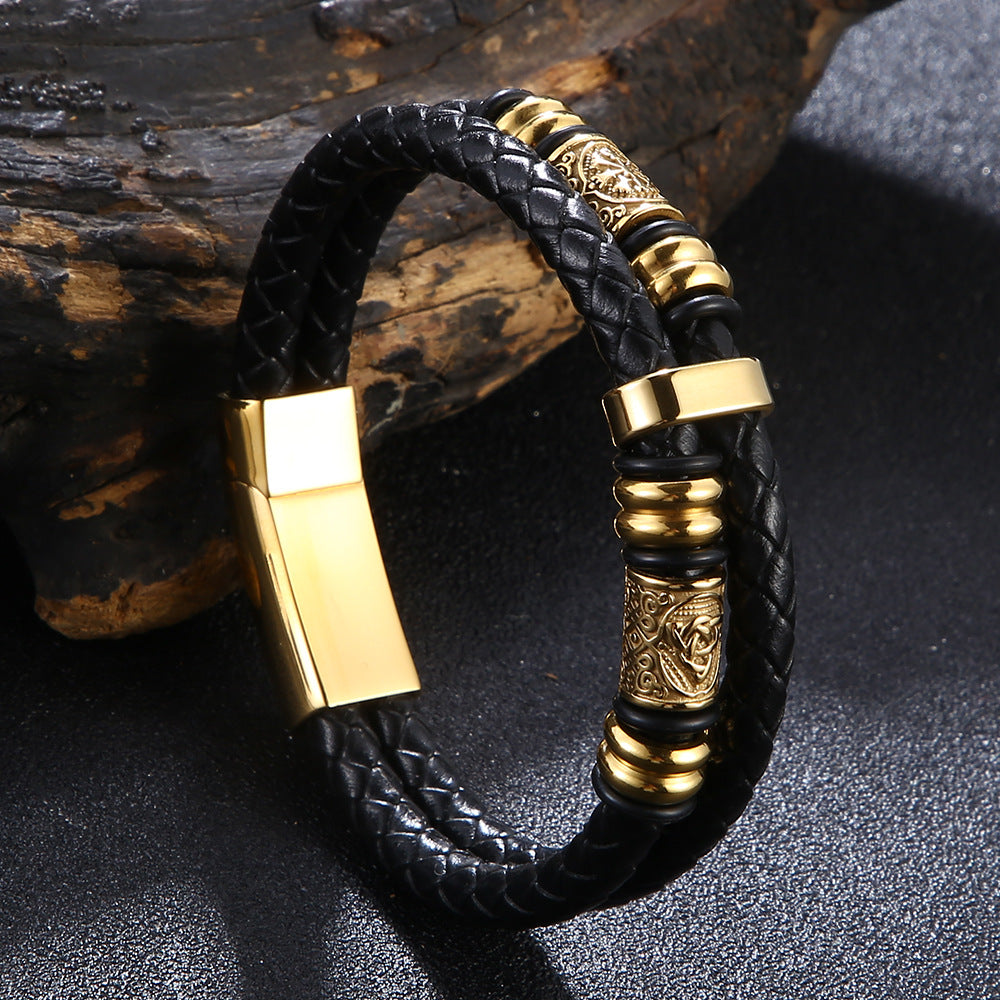 Veyra Herrenarmband Viking Leder Doppellagig – Edelstahl